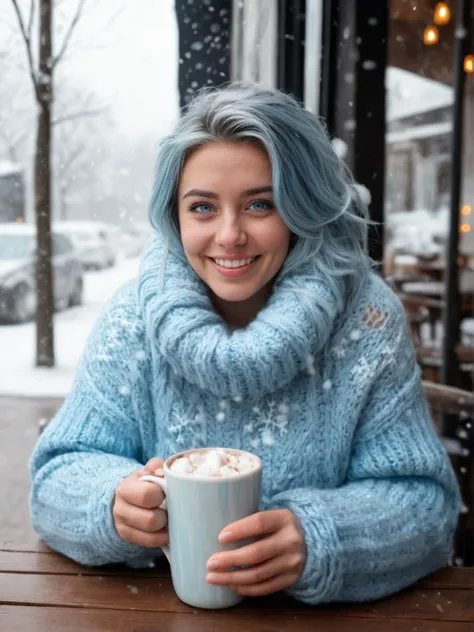 Cozy winter, woman with icy blue highlights, soft smile, chunky knit sweater, snowflakes outside, warm cafe, steaming hot chocolate on the table.