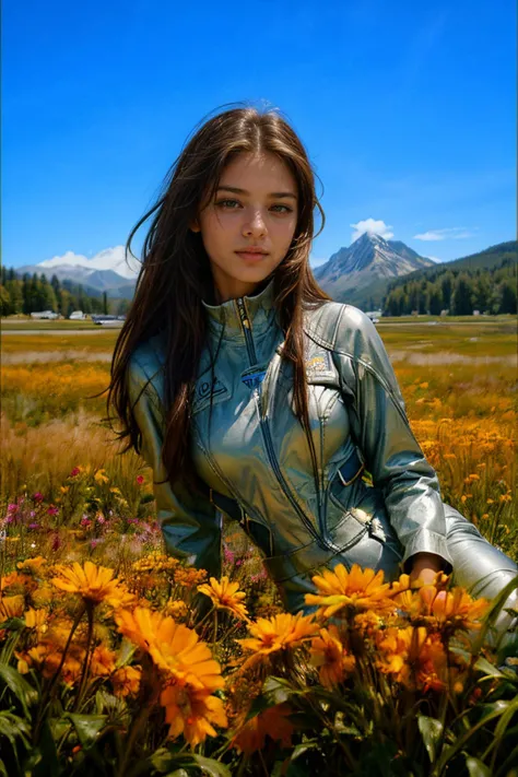 professional photo of a beautiful woman in grey space suit sitting in a tall grass, holding flowers, field, green colors, mountains in the background, warm colors, sunlight, contrast, film grain, photoshoot 
 <lora:NOISEOFFSET_BY_STABLE_YOGI:0.8> <lora:Det...