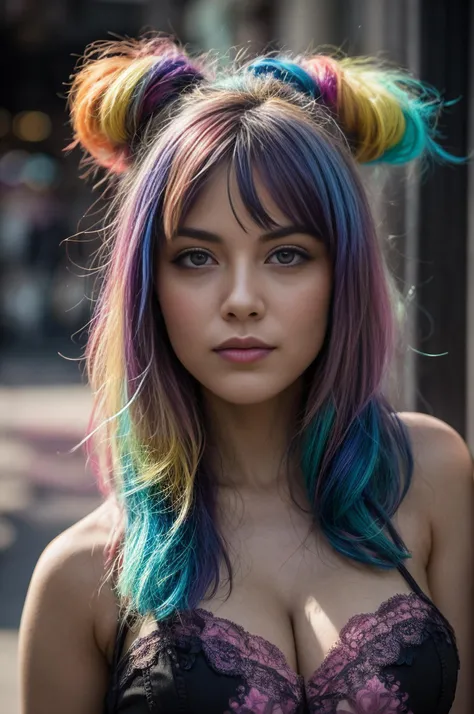 a woman with colorful hair and a black bra top