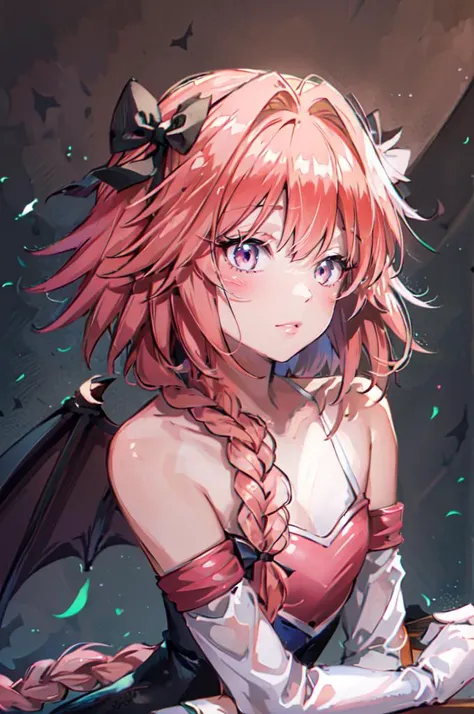 <lora:Rouge_the_Bat_Cosplay:0.8>  rouge_the_bat_(cosplay), bat wings, white elbow gloves, bare shoulders,  <lora:AstolfoFate:0.8> astarmor, single braid, long braid,, ultra detailed, masterpiece, best quality, aesthetic, detailed,