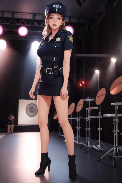 a woman in a police uniform is posing on a stage