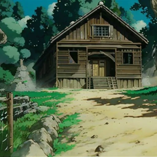 anime scene of a small wooden house with a stone pathway