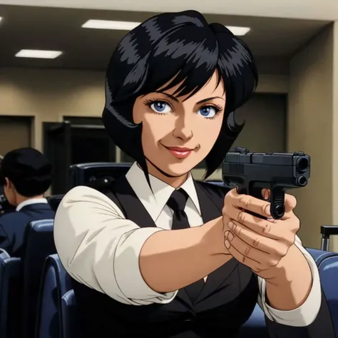 masterpiece, best quality, a portrait of a female flight attendant is IRENEVINCENT,holding handgun,aiming,looking at viewer,smile,short hair,black hair,blue eye,dark skin, <lora:IreneVincent-by_Jibun001:0.65>