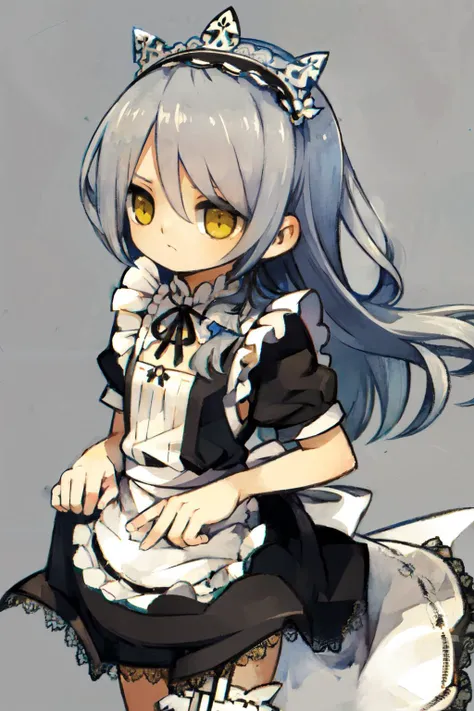 yukino-super style,,high quality ,long hair,(cool),((solo)),(best quality),(maid girl),(animated),small chest,visible through hair,(wearing maid clothes),empty eyes,yellow eye,(transparency gray hair),(perfect anatomy),(provocation),(aggressive girl),<lora...