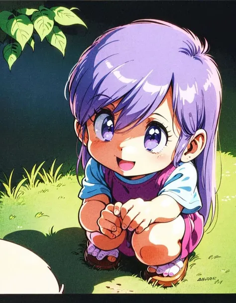 <lora:0 UCcolona:1>,colona,a very young child,chibi,light purple hair,dress,retro artstyle,1girl,solo,1980s (style),looking_at_viewer,:d,squatting