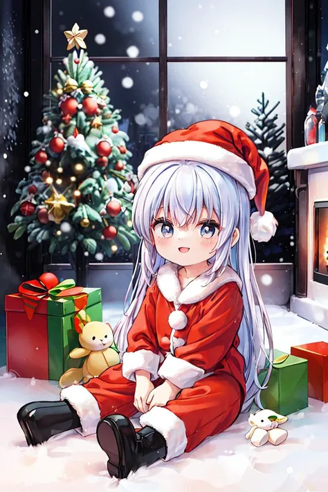 <lora:0 UCcolona:1.0> colona, a very young child, chibi, light purple hair, retro artstyle, 1girl,(solo,1980s (style):1.2), 
pajamas, red pants, santa hat, sitting under a (christmas tree:1.3), happy, carefree, smile, playing with toys, toys, playing, tree...