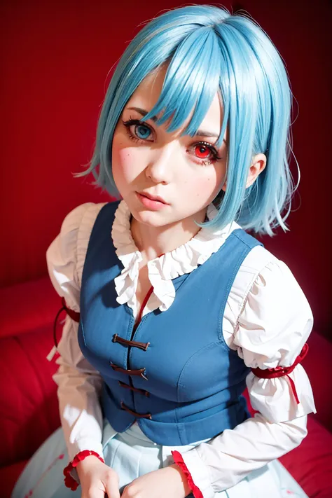 masterpiece, best quality, photorealistic, <lyco:touhou_tatara-14:1.0>, 1girl, tatara kogasa, blue hair, solo, (heterochromia, [blue:red:1] eye:1.5), looking at viewer, from angle1:0::, blue vest, shirt, puffy sleeves, long sleeves, skirt, pray hand on hip