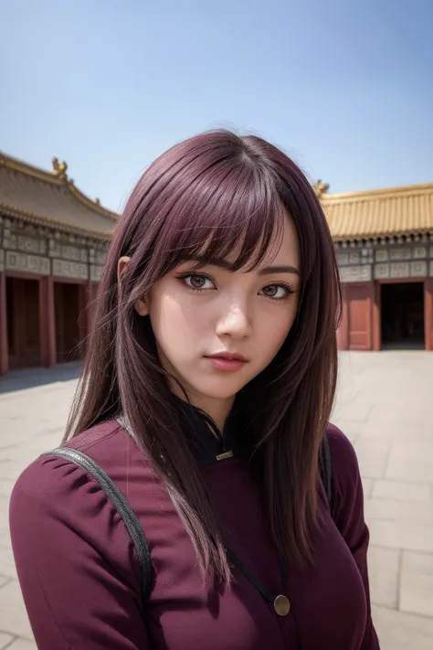 arafed woman with long hair and a purple jacket posing for a picture