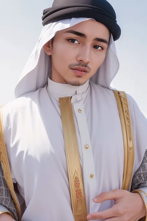 masterpiece, best quality, highly detailed, ultra high res, (photorealistic:1.8), unreal_engine, photograph, realistic_skin_texture, 8K, HDR, raw photo, (Omani men:1.8), solo, (hat, ring, jewelry, white background, looking at viewer, necklace, shirt, simpl...