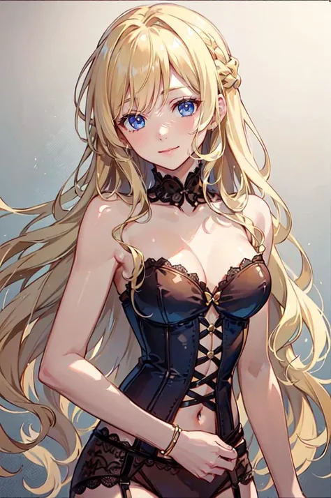 <lora:Corset EDG:0.75> corset, wearing a corset,, ultra detailed, masterpiece, best quality, aesthetic, detailed,, solo, soft smile, light smile,
1girl, blue eyes, very long hair, blonde hair, long blonde hair, french braid, bangs, medium breasts,