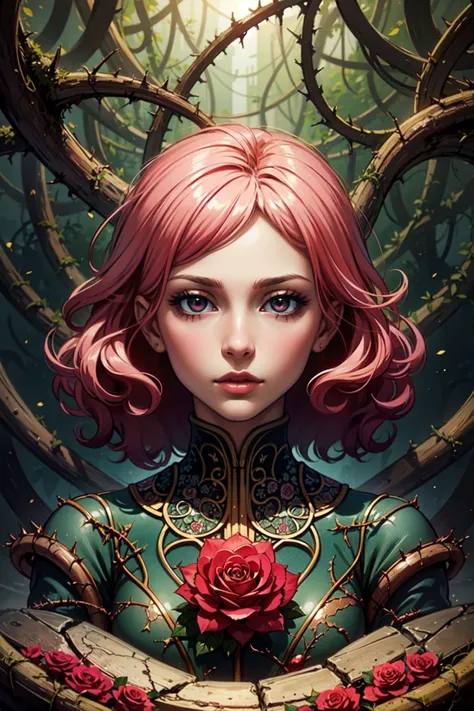 masterpiece, best quality, highres, (surrealism:1.4), [1girl:Plant:15], affinity for plants, growth, earth, shape, roses,  manipulated, thorns, vines, command, medium hair, pink, curly hair, intricate abstract, intricate artwork