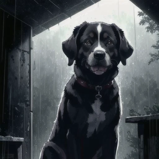 there is a dog sitting in the rain in a room