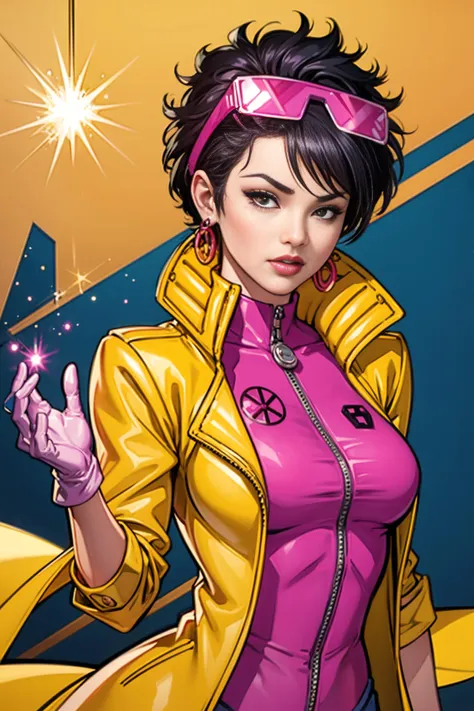 a woman in a yellow jacket and pink top holding a star