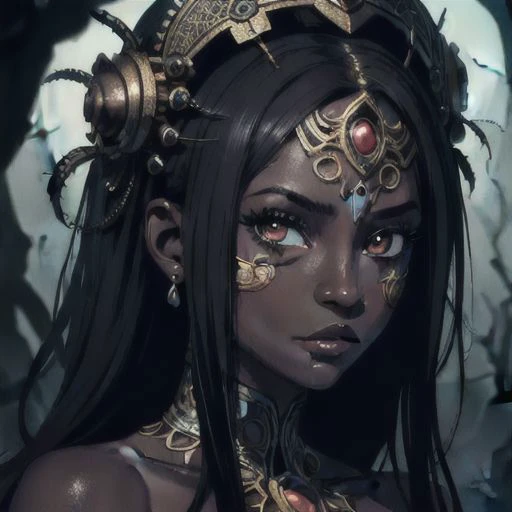 (masterpiece, best quality, Jamaican hires, darksin black woman, high resolution:1.2), (extremely detailed, intricate details, highres), hauntingly beautiful face, emerges from the depths, dark abyss, piercing eyes,hidden depths of the soul, mysterious bea...