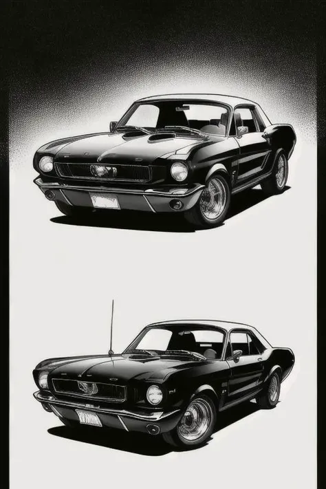 perfectly rendered 1966 Ford Mustang. (artwork close-up:1.1), (lineart:1.23), (monochrome)