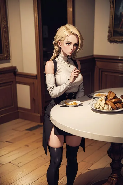 blond woman in a black dress and stockings posing at a table with food