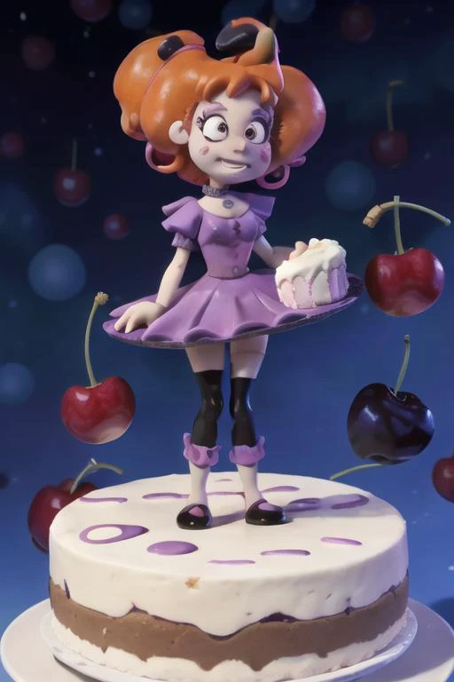 claymation, 80's anime style, 
 <lora:jinxtt:0.6> jinxtt balancing on a giant cheesecake on a plate, cherries, sauce, giant kitc...