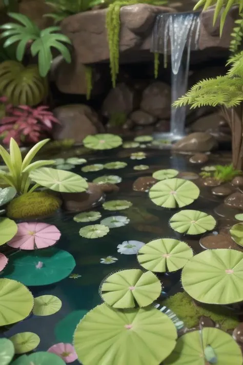 claymation, 80's anime style,  waterfall with fish and lilypads, water petals floating in the water, moss, ferns, 1girl