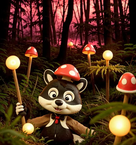 80's anime style, claymation, racoon animal, forest, grungy, mushrooms, red glow