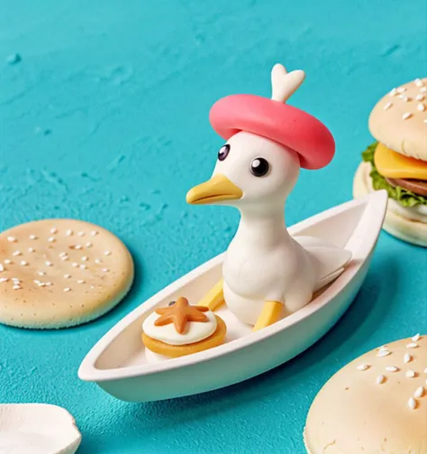 claymation, bird seagull on small boat, hamburger, ocean