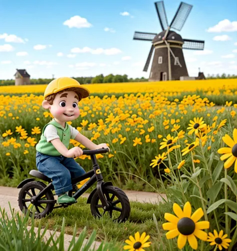 claymation, boy riding bicycle, windmill, sunny, weeds and flowers