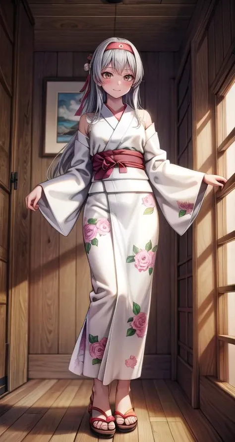 (masterpiece),(intricate details),1girl, 
BREAK
<lora:shoukaku_kancolle-07:1>, shoukaku_(kancolle), solo, long_hair, brown_eyes, hairband, headband, silver hair,
BREAK
japanese_clothes, kimono, floral_print, white_kimono, full_body, smile, furisode, wide_s...