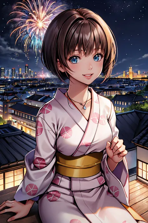 <lora:minatsukisaya-nvwls-v1:0.8> minatsukisaya, necklace, pink kimono
masterpiece, best quality, absurdres, night, moon, city, rooftop, fireworks, looking at viewer, smile