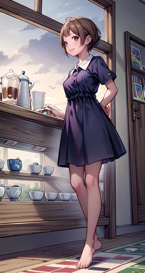 (masterpiece),(intricate details),1girl,mature female,brown eyes,Textured pixie cut, ,large breasts
BREAK
short sleeves polo collar dress,barefoot,depth of field,looking at viewer,random view,((standing on the , Board_game_cafe,)),((full body)),laughing
BR...