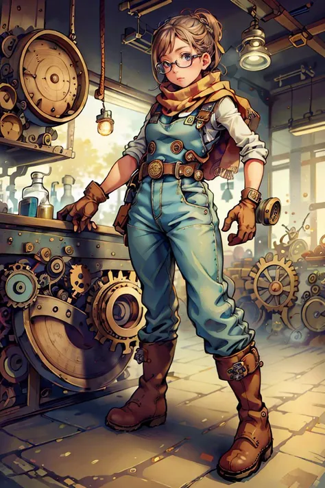 Cogpunkai, a beautiful portrait of 1 girl as a scientist working in a laboratory, glasses, overalls, triangle scarf, work gloves, boots,  arms crossed, leans against a vehicle,
best quality, masterpiece, intricate details, (photo realistic:1.4), dream-like...