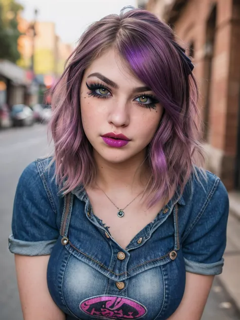 a woman with purple hair and a denim shirt on a city street