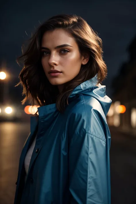 photo of beautiful (jcl3m3nts-120:0.99), a woman with perfect hair, wearing Road Sign Blue (raincoat:1.1),  (plain background:1.1), modelshoot style, (extremely detailed CG unity 8k wallpaper), professional majestic photography, (Leica M6 Camera), 24mm, ex...