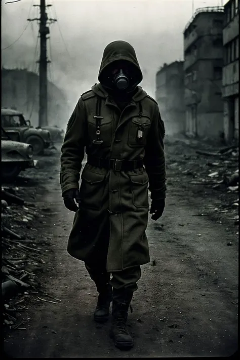 arafed man in gas mask walking down a street in a gas mask