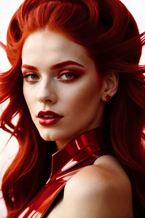 A beautiful redhead female pop artist all red sleek futuristic outfit, with huge headpiece center piece, clean makeup, with depth of field, fantastical edgy and regal themed outfit, captured in vivid colors, embodying the essence of fantasy, minimalist, fi...