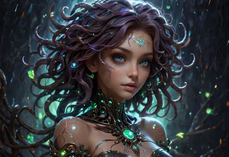 Cybercore Aesthetic, a cute magical medusa with petrifying gaze in an enchanted wonderland, beautiful whimsical fantasy art concept, detailed background, glowing particles, intricate details, ultra sharp,<lora:Cybercore:1>