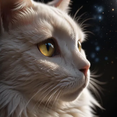 a somber cats eye with the universe inside, the universe stares back, the end of the universe is reflected back, silhouette, volumetric lighting, photo, realistic, hyperdetailed, dust, white cat in a void, macro shot, volumetric lighting, depth of field, c...