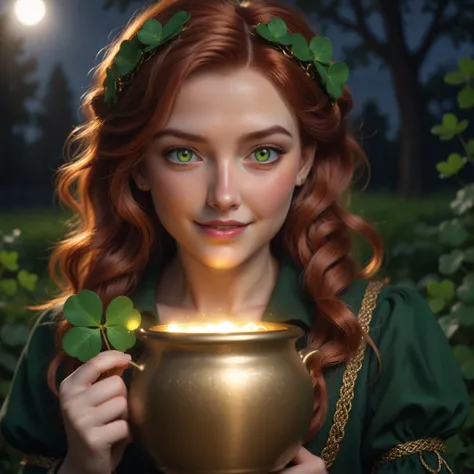 vhs style, farmland, hedges,  outdoors, photo of a beautiful female leprechaun holding a glowing pot of gold, night time, solo, suspicious, grin, point light, glowing chin, dark, moonlight, realistic, skin detail, braided red hair, green eyes, 4 leaf clove...