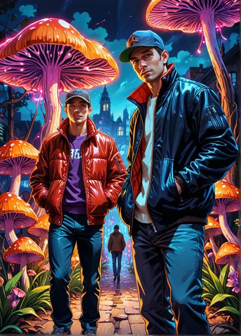 a painting of two men standing in front of a mushroom covered area