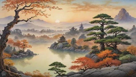 watercolor painting Embrace the serenity of an ink-rendered sunset scene, where a solitary bonsai tree, meticulously cultivated, commands attention. Positioned centrally against the backdrop of an architectural marvel inspired by East Asian design, the tre...