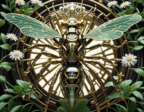 biomechanical style   Absolutely! Heres your SDXL prompt:
"Create a captivating image blending organic beauty with artificial ingenuity, featuring a sophisticated biomechanical robot bee diligently collecting nectar from a pristine white daisy. Combining i...