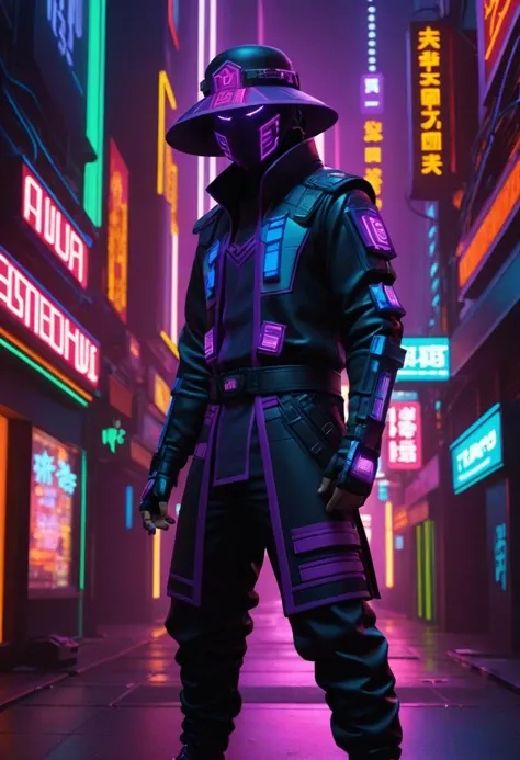 cyberpunk cityscape Groundbreaking fantasy artwork portraying a cutting-edge cyberpunk ninja, thriving in a vibrantly colored metropolitan cyberpunk city, intricate architectural designs and dazzling neon signs scattered among dimly lit alleyways. Wearing ...