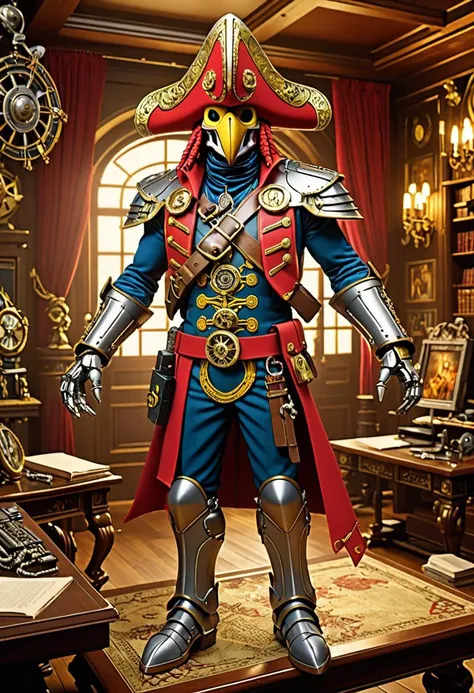 cybernetic robot Craft an epic, cinematic scene blending (Human | Parrot) characteristics into one magnificent hybrid Cyborg entity, standing alone in the Captains Quarters of a grandiose Pirate Ship. Imagine a regal figure with a Natural, Multicolored hum...