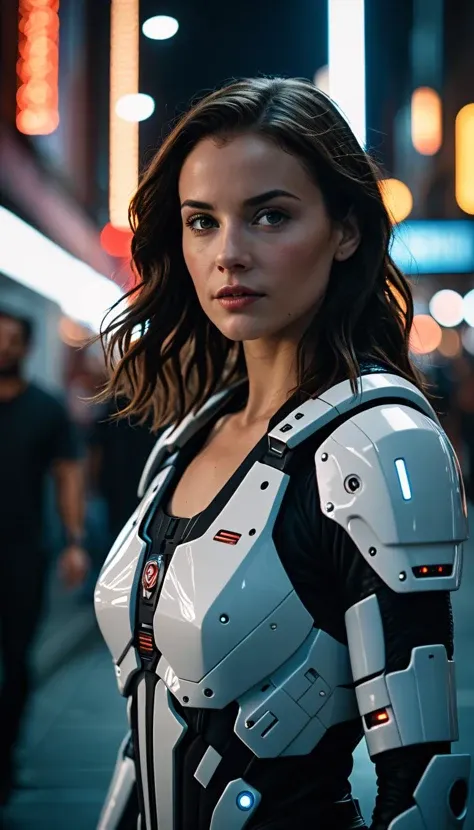 cinematic film still In a futuristic, cyberpunk city at night, stand our heroine - a lone cyborg woman with natural skin and brunette hair. Her striking features are on full display as she navigates the dark alleys in this gritty science fiction world adhe...