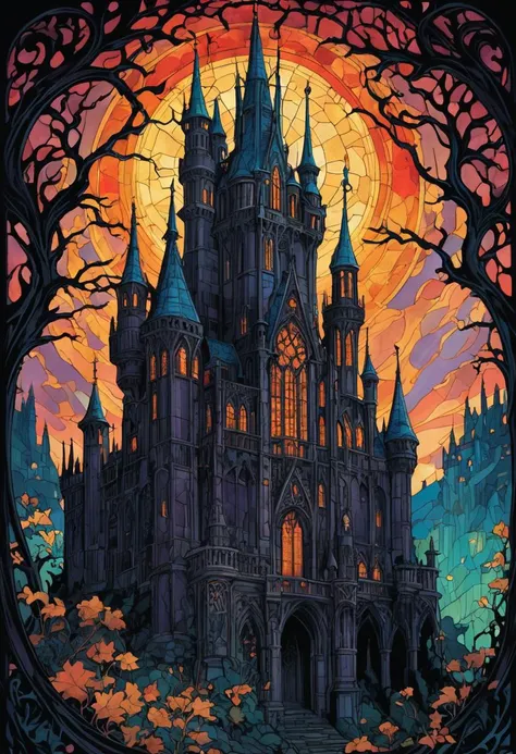 stained glass style Explore the mysterious world of a corrupted and foreboding European castle perched precariously atop a dense, supernatural forest and a tempestuous sea below. The gothic architecture casts long, twisted shadows across the landscape, evo...