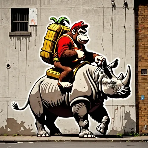 donkey kong riding a rhino, banksy style