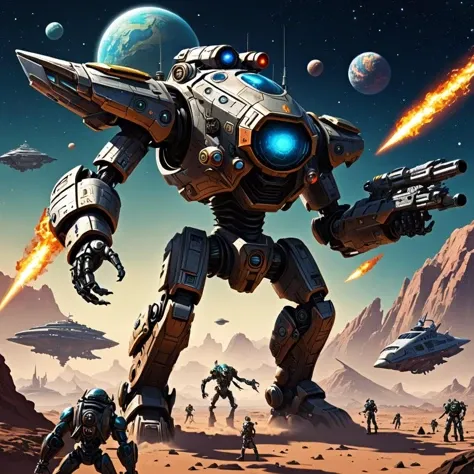 Space robot pirates, alien planet, starships in the sky, advanced weaponry