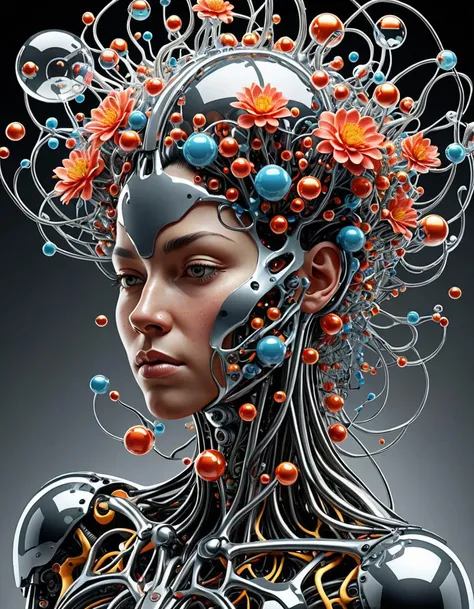 a woman with a futuristic headpiece made of wires and flowers