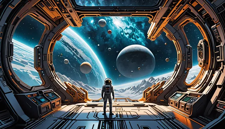 a man standing in a space station looking out at the planets