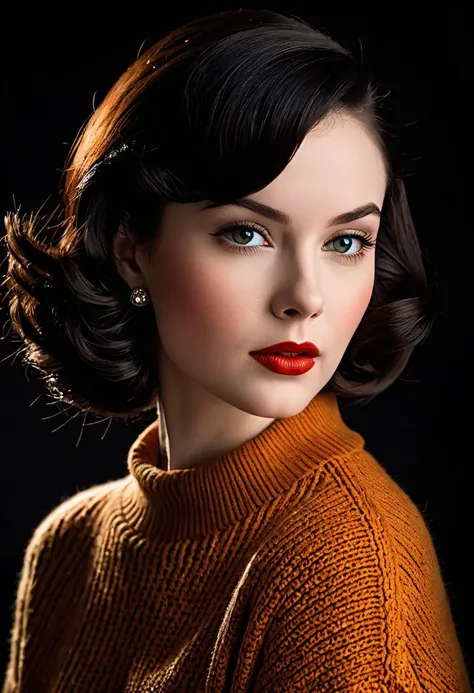 a close up of a woman with a red lipstick and a sweater