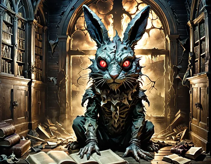 horror-themed a hauntingly enchanting creature born from twisted dimensions and macabre cosmic entities, in a decaying estate, draped in shadows and gripped by eternal twilight, this being manifests as a grotesque parody of a rabbitâcomplete with eldritc...