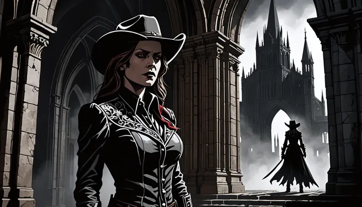 macabre style Create a captivating cel-shaded portrait of a solitary Cowgirl standing defiantly amidst a dimly lit Gothic architectural backdrop. The atmosphere should crackle with tension and foreboding, emphasized by the looming shadows cast from towerin...